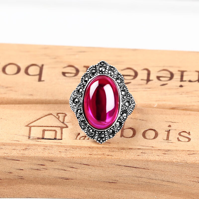 泰银黄绿玉髓玛瑙食指中指戒指银饰品个性复古红宝石大戒指女 绿色13