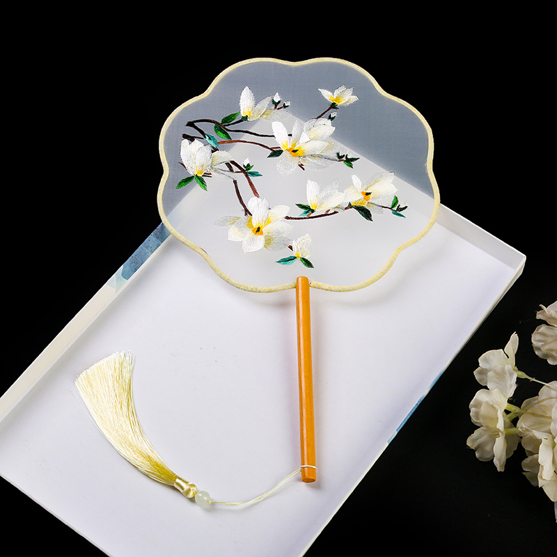 三曼多 古风团扇半透明双面刺绣扇子重工苏绣小圆扇八瓣形异形扇古典