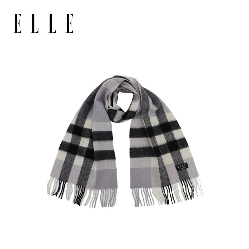 ELLE100%羊毛围巾女士秋冬季保暖时尚百搭格子围脖 驼格