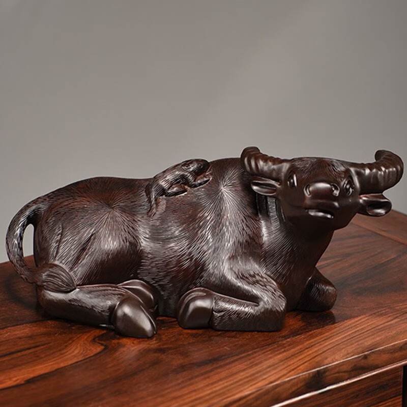 天从 黑檀木雕卧牛摆件实木老鼠骑牛家居办公装饰新居开业送礼工艺品