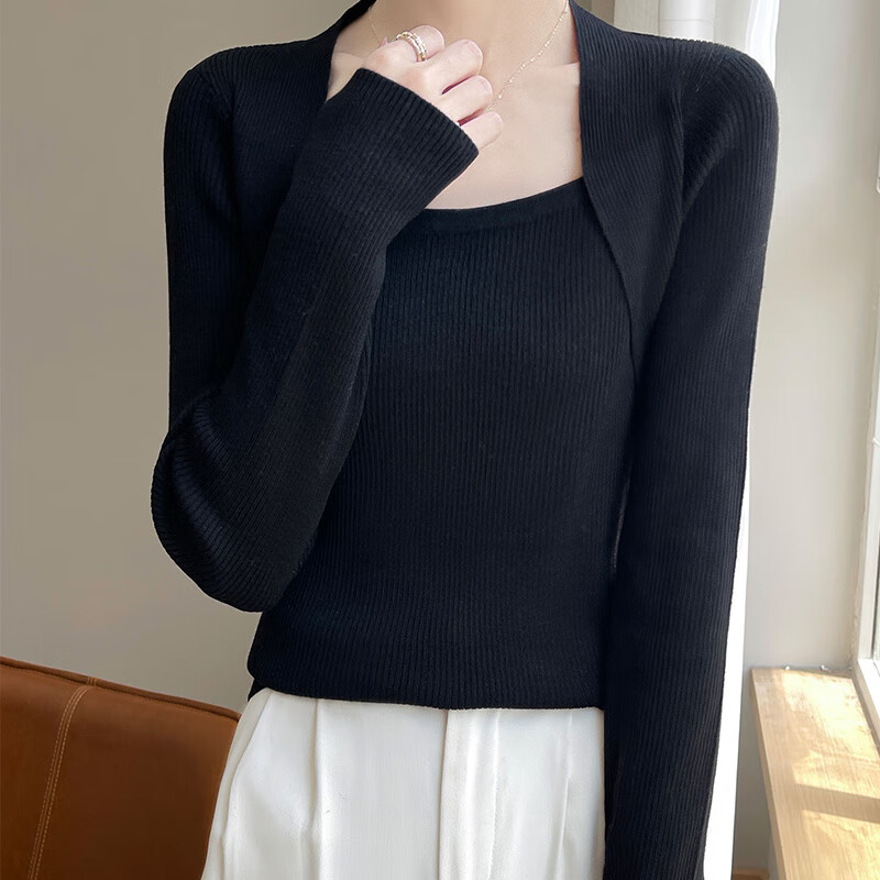香影芬假两件针织打底衫女2025秋季设计感洋气毛衣秋冬内搭修身显瘦上衣 黑色 XL (建议115-125斤)