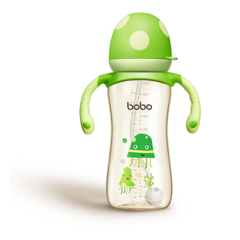 bobo宽口奶瓶新生儿吸管奶瓶婴儿6个月以上ppsu大宝宝奶瓶 绿色 330ml带LL号【9-12月】