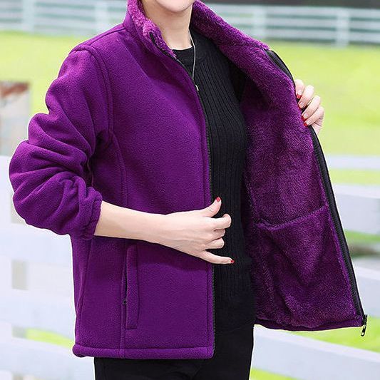 绒摇粒绒摇粒绒女新款抓绒上衣中青老年百搭运动宽松冬天衣服 深紫色