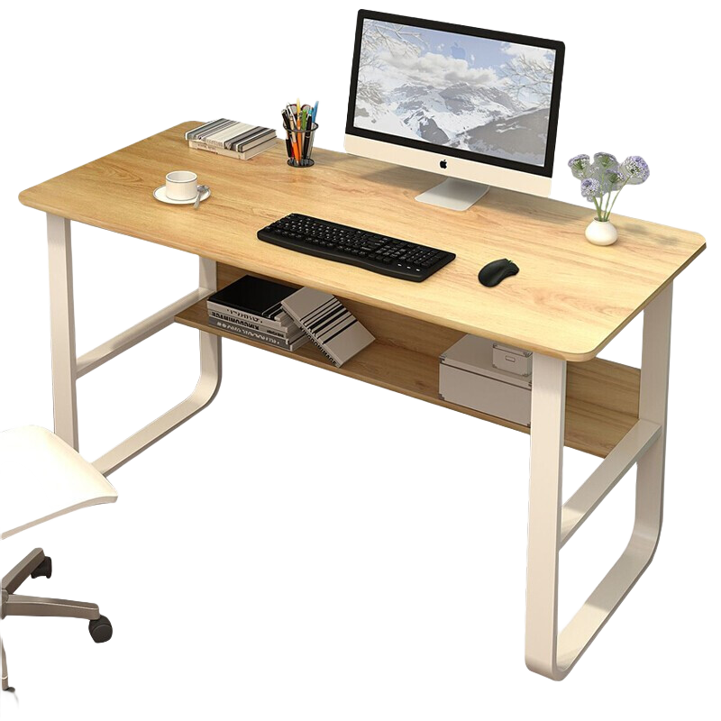 木以成居 电脑桌台式家用简易书桌学习桌简约钢木加宽双层写字桌子 黄梨色120*60CM LY-41390120