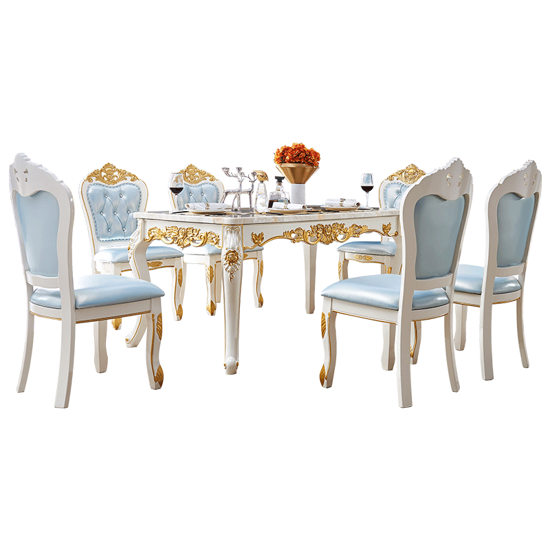 梦美斯宣 餐桌 实木餐桌欧式雕花饭桌组合中小户型大理石长方形餐桌 751 一桌六椅