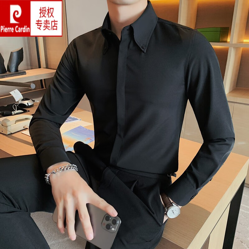 皮尔卡丹白衬衫男长袖正装修身感暗扣大尖领商务休闲免烫男士法式衬衣 黑色 4XL 165-180斤