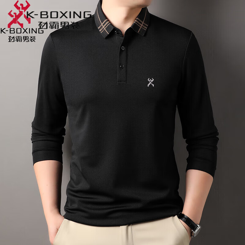 勁霸男裝（K-Boxing）J長(cháng)袖純色t恤翻領(lǐng)春秋季中年毛衣羊毛爸爸裝Polo衫 黑色 11XL 190碼合適185-200斤