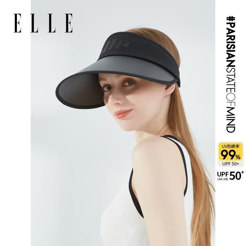 ELLE防晒空顶帽女士夏季防紫外线户外运动休闲出游骑行大檐遮阳帽 经典黑