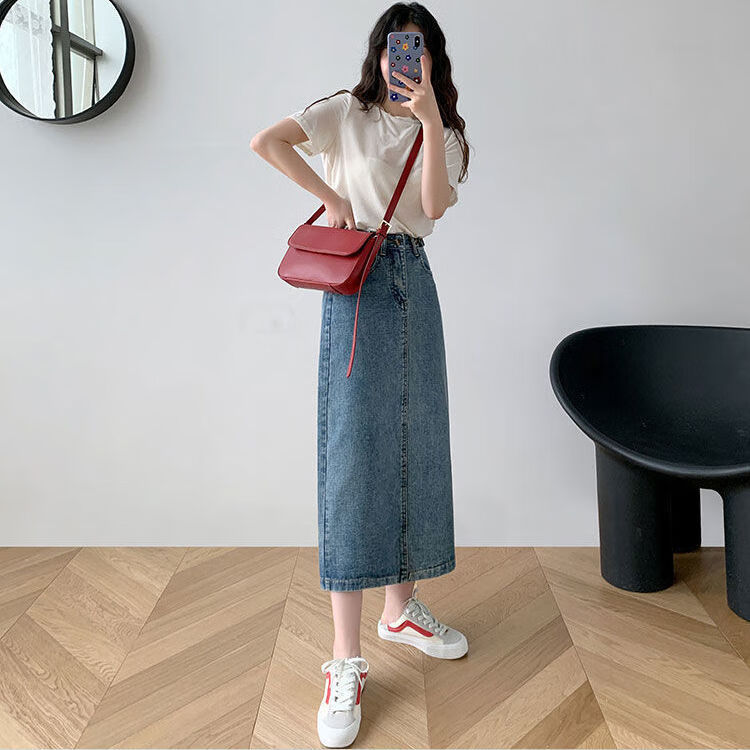 温蔓尔春夏新款中长款字裙韩版学生高腰宽松百搭复古开叉半身牛仔裙女
