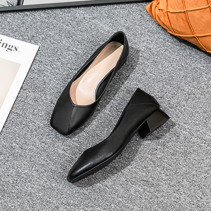 毕业面试搭配西裤的鞋子女工作鞋黑色方头粗跟单鞋软底职业正装鞋银行