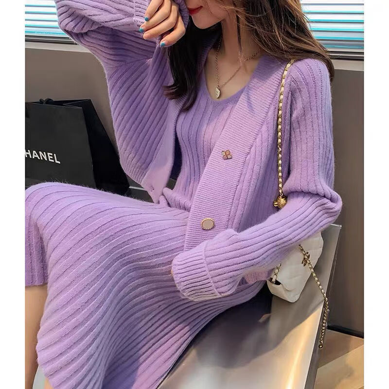 搭配显高套装裙女士气质时尚休闲织针毛衣裙两件套 紫色【两件套】 s