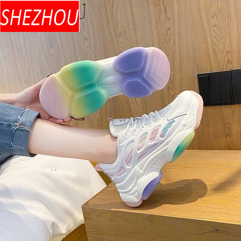 奢洲彩虹底老爹鞋女ins潮夏新款网面透气厚底显脚小休闲运动鞋多运动