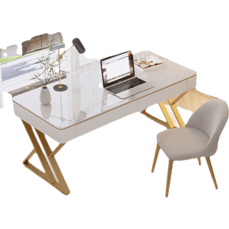 澜墨 轻奢岩板书桌现代写字台简约电脑台式意式套装卧室简易书房办公桌 单桌金脚:雪山白【亮面】 桌子尺寸:100*50*70