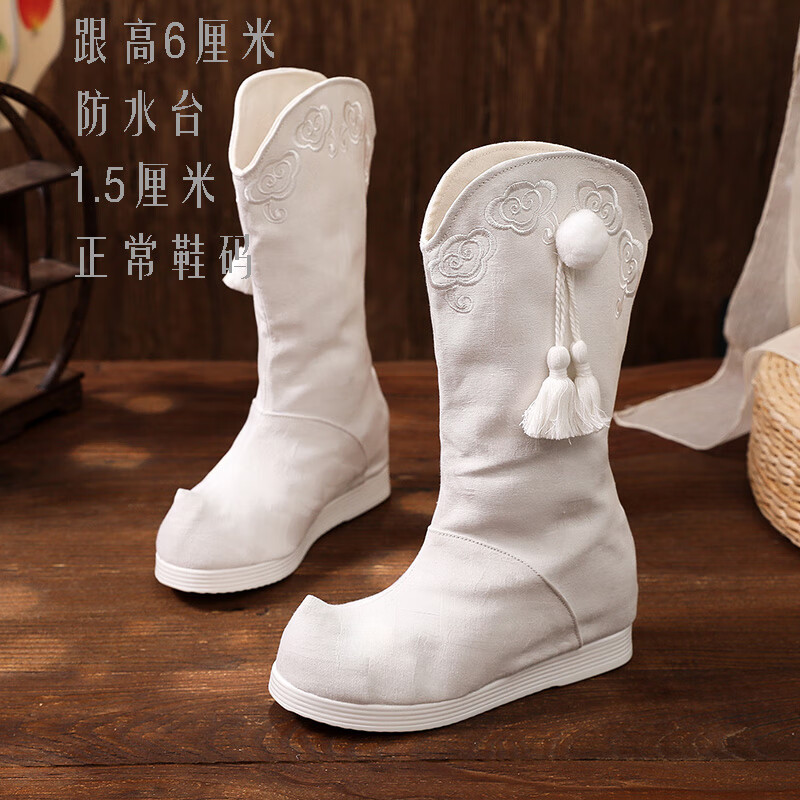 olomlb汉服靴子女古风侠客古装男鞋绣花翘头内增高皂靴中式长筒布靴