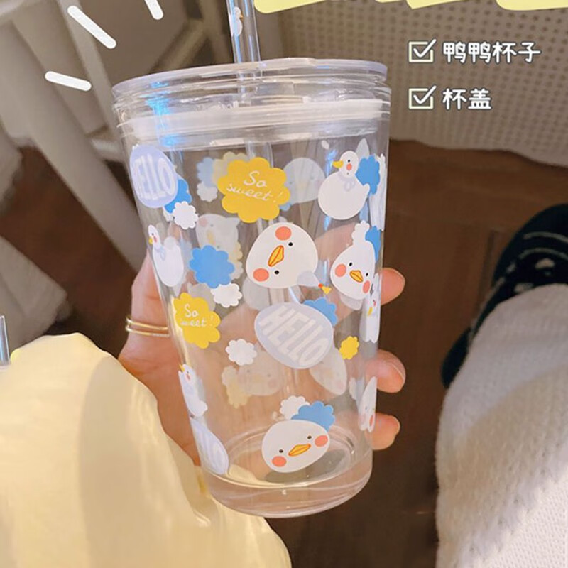 芦娘鸭子玻璃杯带盖ins风杯子可爱少女水杯简约早餐杯奶茶杯 可爱多蓝