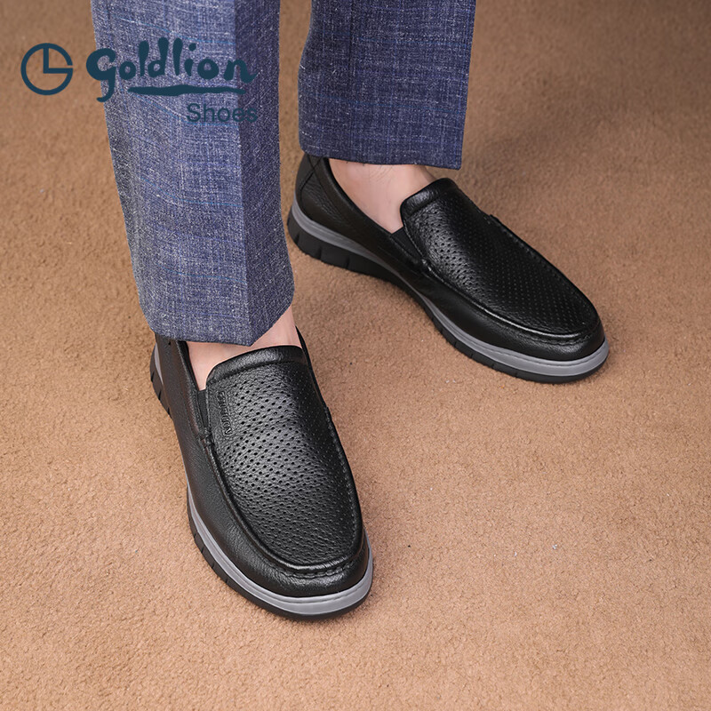 金利来(Goldlion)凉鞋男鞋皮鞋男鹿皮革透气爸爸鞋商务休闲鞋乐福鞋男士皮鞋套脚鞋 黑色 40