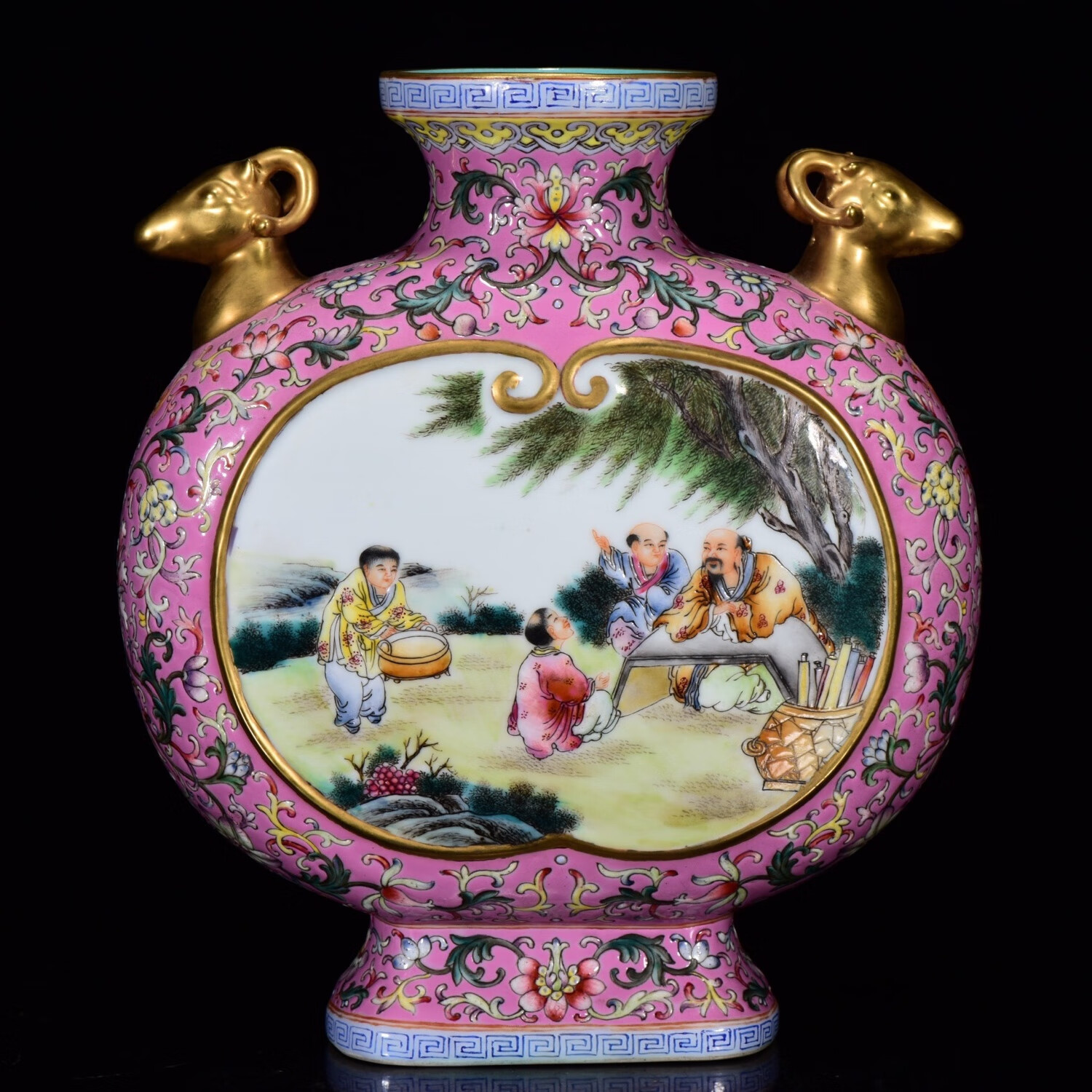 清乾隆年粉彩手绘人物纹扁瓶古董老瓷器收藏古玩艺术品26*22厘米