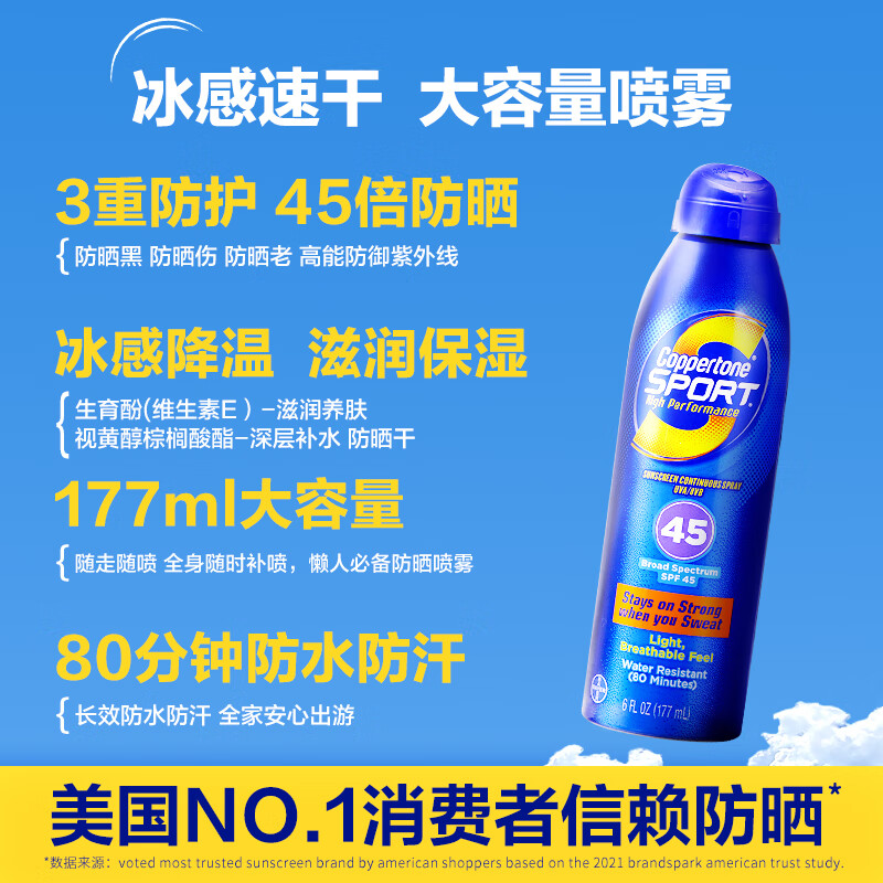 确美同Coppertone水宝宝运动防晒喷雾非防晒霜女男士身体气雾防汗177ml