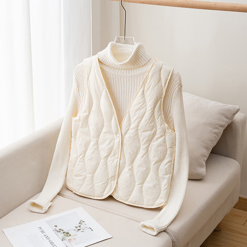 勤度马甲羽绒服内穿薄款短款修身轻薄背心配大衣v领内胆 乳白色 m
