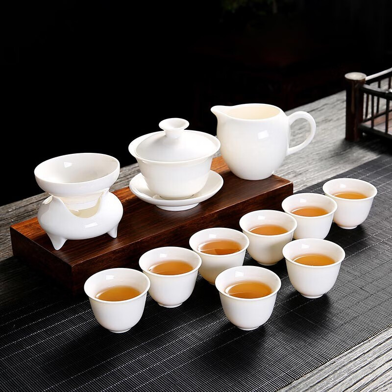 金镶玉功夫茶具套装白瓷陶瓷茶壶茶杯公道杯羊脂玉瓷套组白瓷映雪茶具