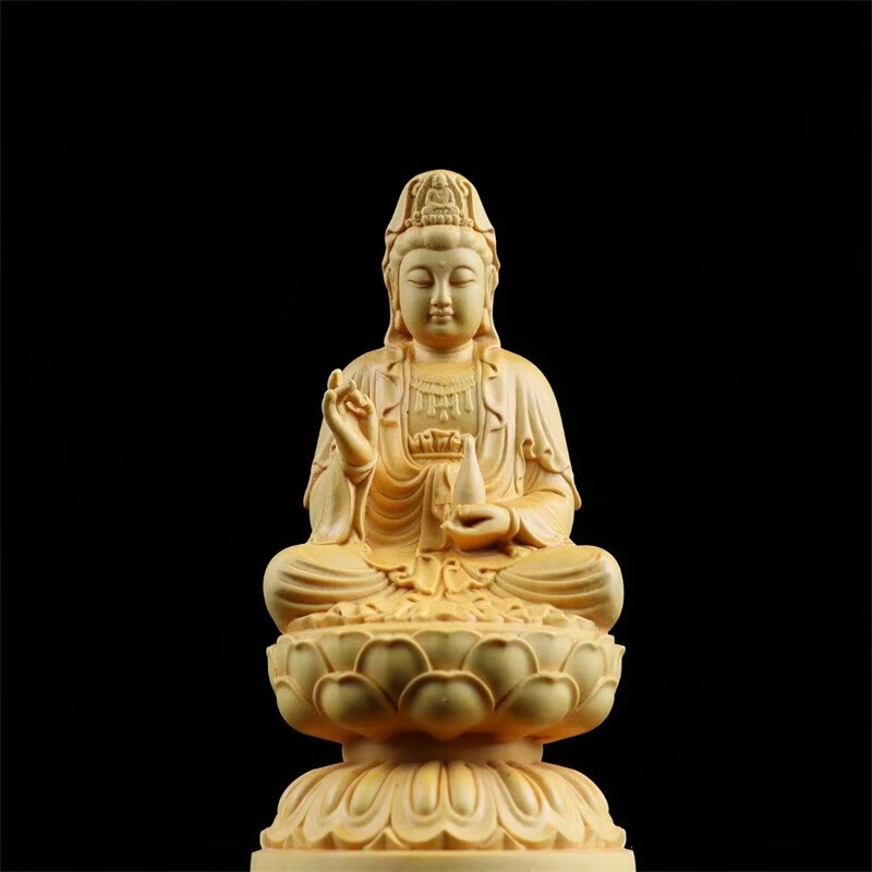 正宗府黄杨木雕坐莲净瓶兰花指提篮御龙观音菩萨佛像居家装饰摆件