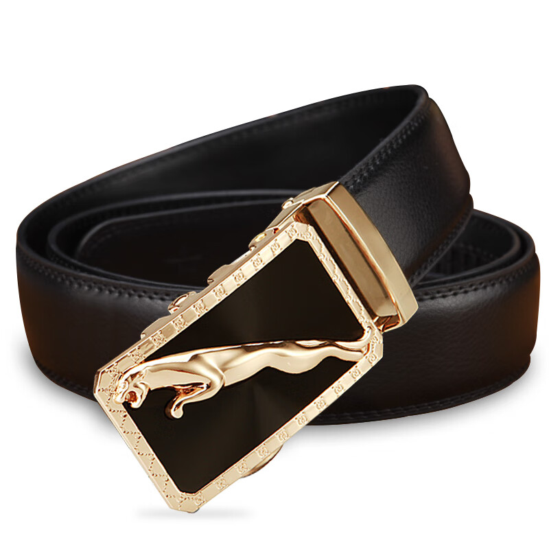 POACY男士皮带 豹子真牛皮腰带男 时尚商务情人节 情人节裤带男款 百搭 P803银色扣 120cm 【35-37裤码】