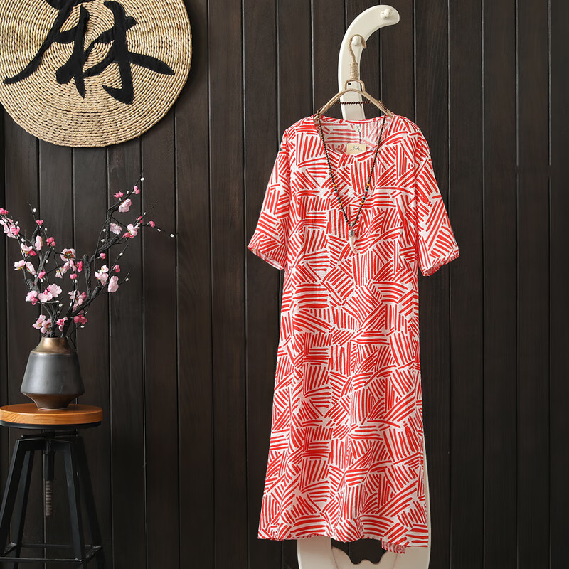 待婉捡漏素订棉麻女装素素日系高端出口尾单剪标棉麻印花连衣裙女夏季