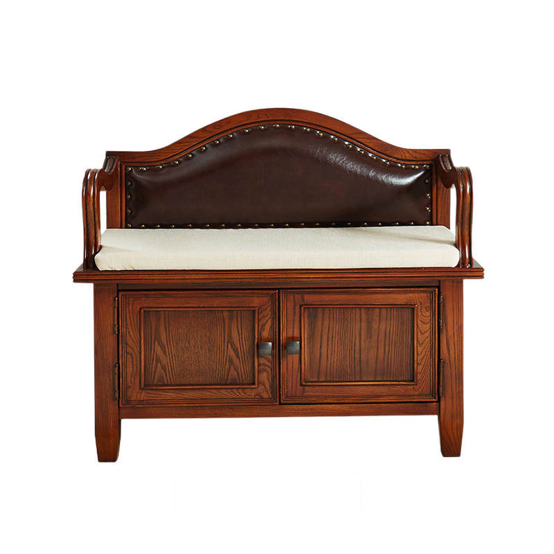 艾理思 美式实木换鞋凳 简约小美实木真皮布艺换鞋柜 双门小款70*37*81cm