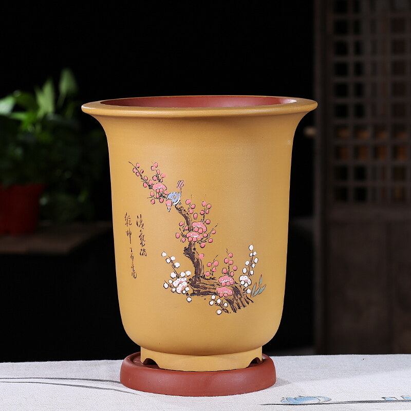 大厅 宜兴紫砂花盆托盘 精品兰花盆价盆景花盆盆栽树桩个性创意 黄色