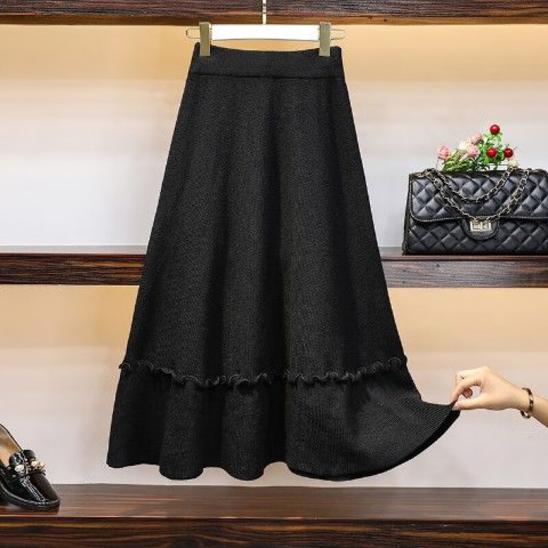贤语裙子新款韩版宽松针织裙秋冬装高腰半身裙中长款a字毛线裙女 黑色