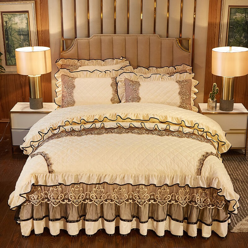 布里诺家纺 天鹅绒床上四件套加绒加厚保暖被套罩夹棉床裙4件套床上用品 皇家风范-米黄 1.8X2米床四件套(被套2x2.3米)