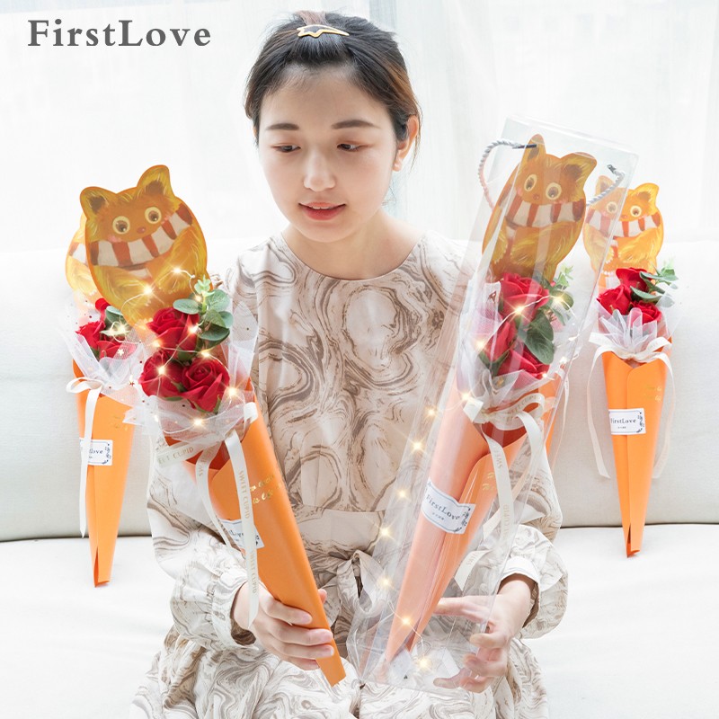 第一爱3朵红玫瑰香皂花小怪兽花束礼盒香皂花同城配送七夕情人节礼物
