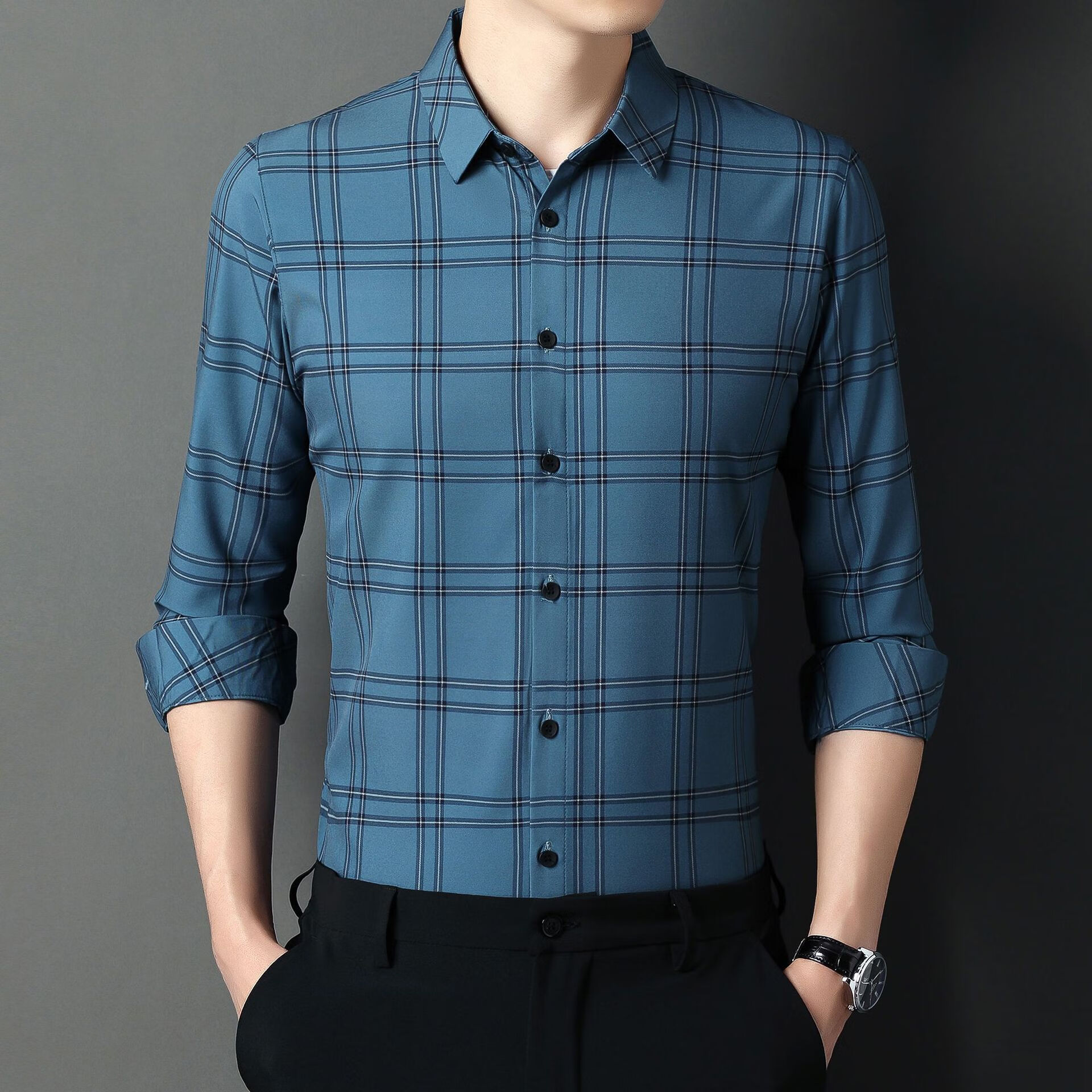 皮尔卡丹衬衫男春秋季男士长袖衬衫翻领休闲格子衬衣开衫男装衬衣 f