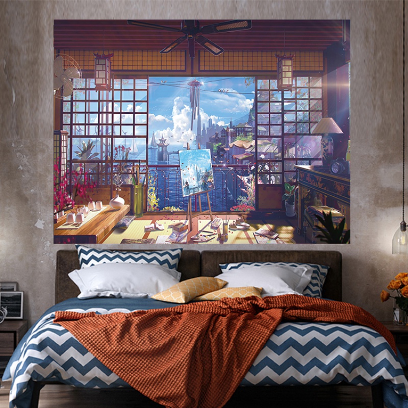 日式温馨屋背景布挂布床头背景墙卧室挂毯房间画布墙壁动漫 日式屋