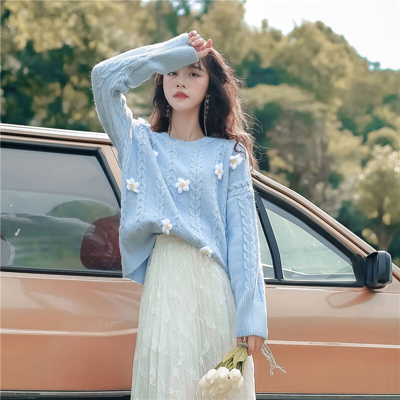 衫套头小清新立体花朵麻花套头毛衣女2022春秋新款小个子宽松织衫外穿