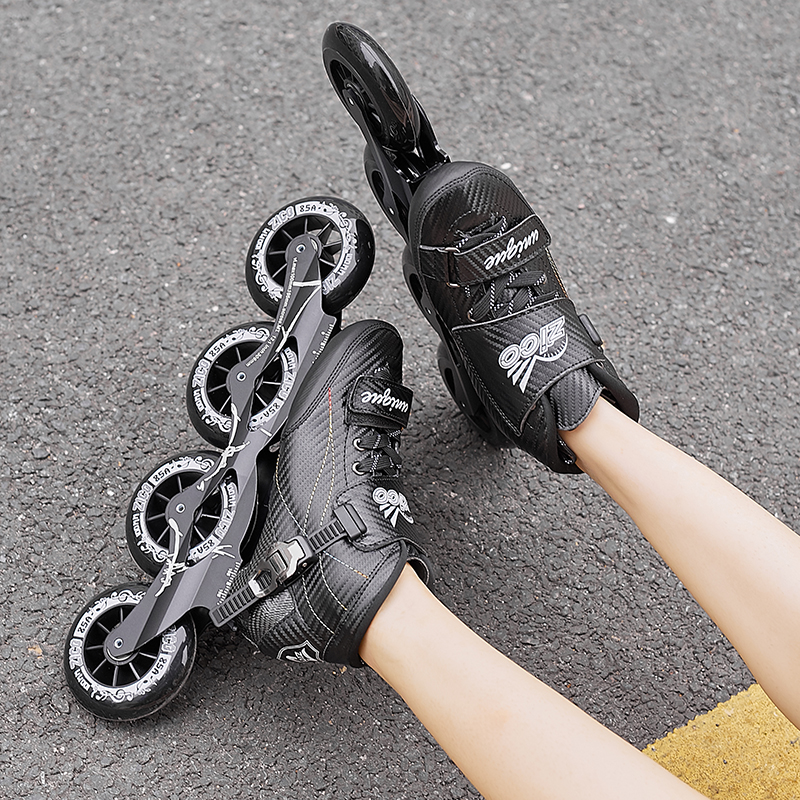 美明博速滑鞋竞速鞋大轮可调节炭纤维轮滑鞋冰上鞋溜冰鞋 黑色 30