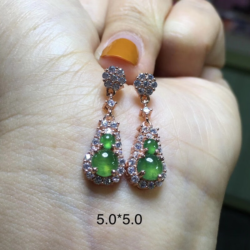 歌盼 天然冰绿葫芦蛋面翡翠耳环 缅甸A货女款冰种925银镀金镶玉石耳坠