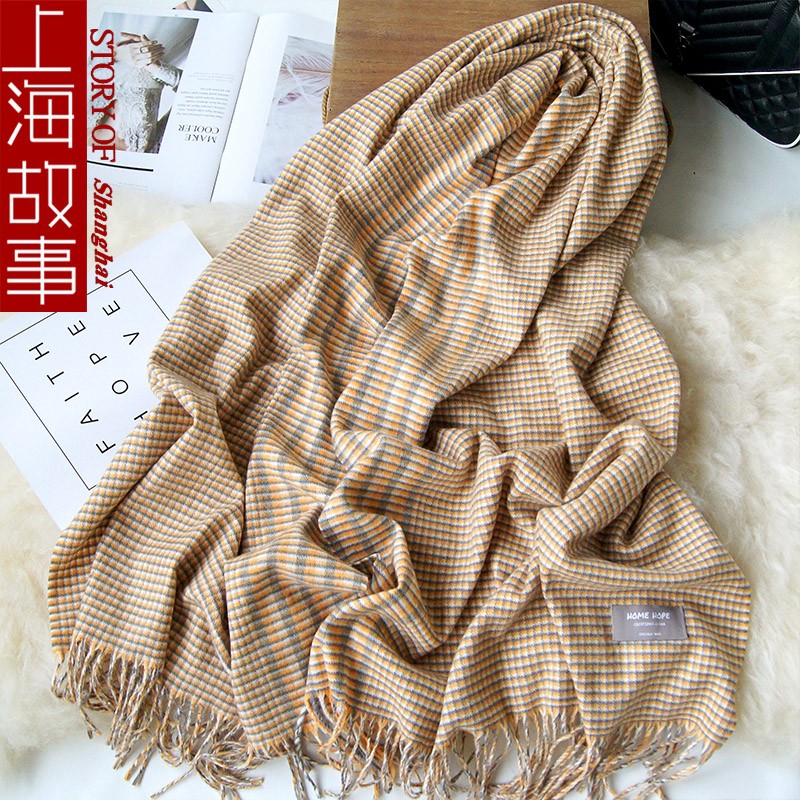 上海故事仿羊绒围巾女秋冬季学生小清新加厚保暖百搭格子披肩长款流苏