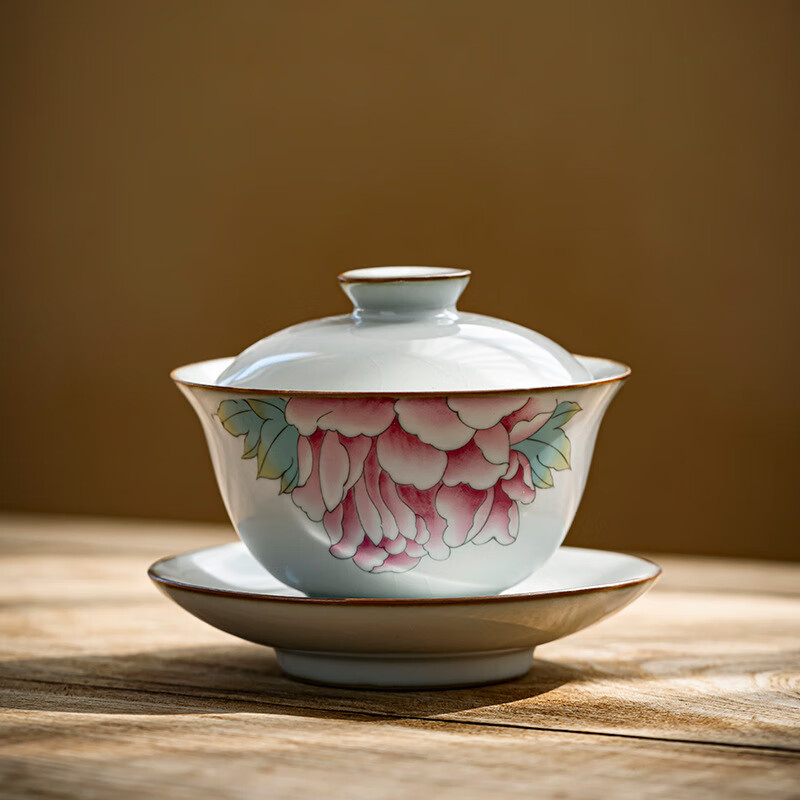 2020官窑有成盖碗大号码牡丹盖碗汝窑泡茶杯陶瓷茶具茶备茶碗批发