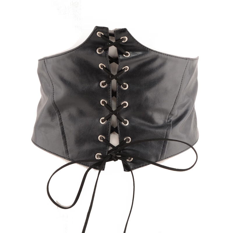 hrcongolke日系洛丽塔风女士束腰装饰连衣*裙混搭系带仿皮黑色宽腰封