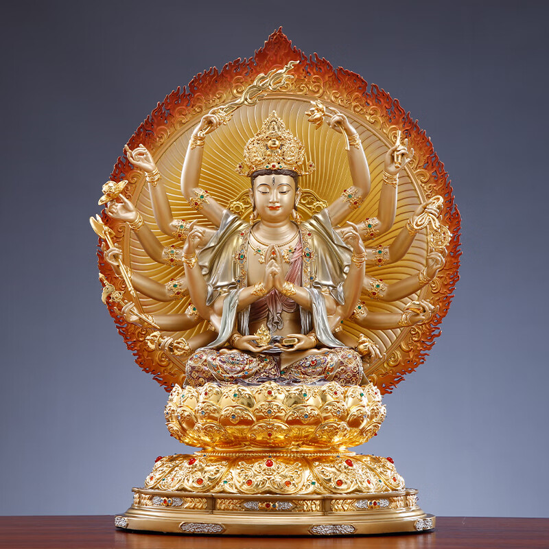 圆通纯黄铜准提佛母家用准提菩萨像供奉玄关观音菩萨像公司店铺摆件
