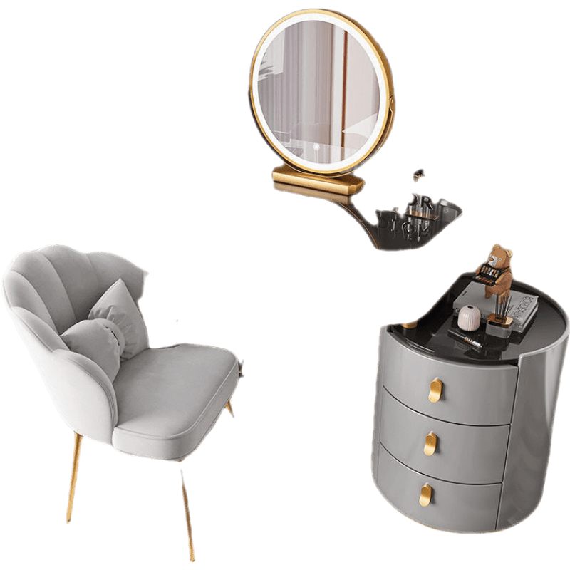 千番町 全实木轻奢岩板梳妆台卧室现代简约化妆台2022年新款小户型化妆桌 全实木灰黑80桌+柜+镜+花瓣椅