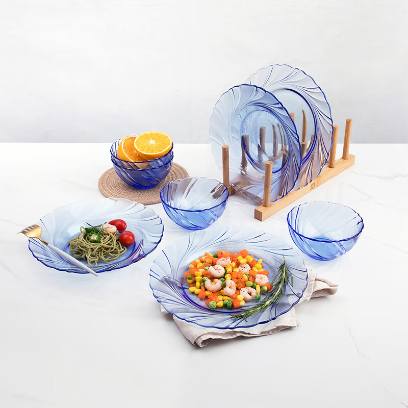 DURALEX法国多莱斯餐具碗碟套装家用4人轻奢餐具高档玻璃餐具碗盘子套装 欧式螺纹浅蓝色8件 8头