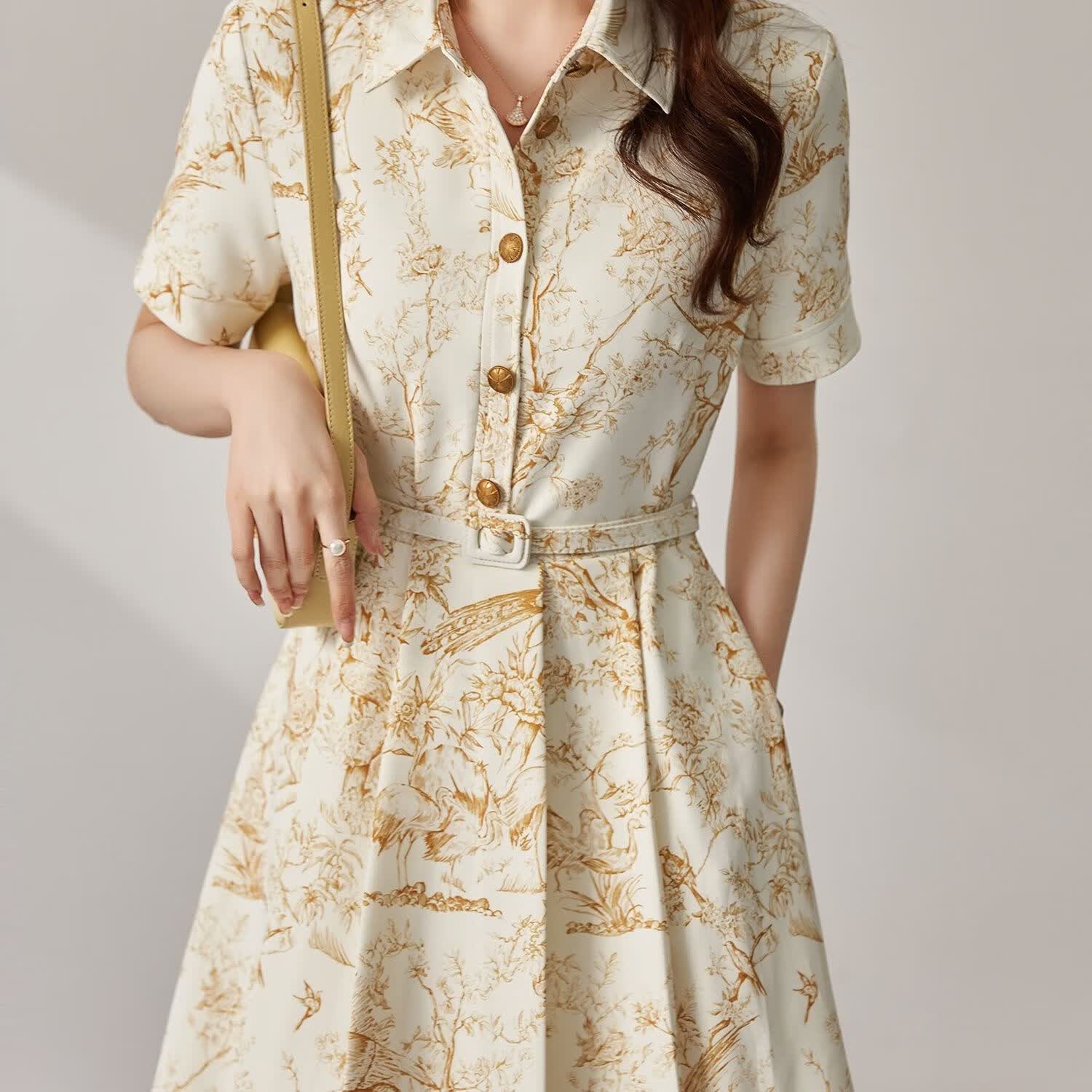 潮尊狐带领的连衣裙中年妇女有领子的裙子夏季随意的显瘦 鸟语花香