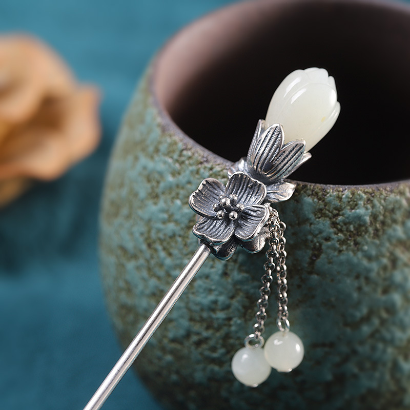 s925银和田玉玉兰花发簪古色古香复古女式发簪汉服盘发银饰品 和田玉