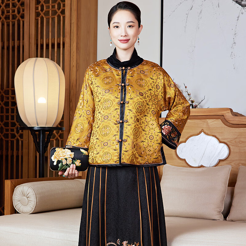 玺玥2025秋冬夹棉织锦缎桑蚕丝中国风经典短款唐装外套过年女棉衣新年 黄色 L （体重115~130）