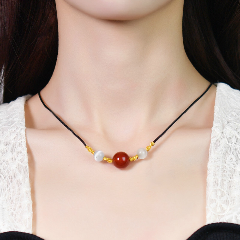 葵影(kuiying)红玛瑙项链女相思红豆珠子吊坠手工编织闺蜜情侣转运珠