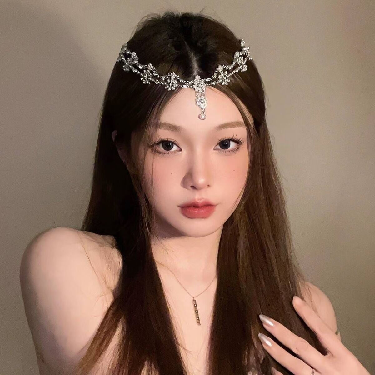 古风眉心坠发带古装配饰汉服异域风发链额饰西域公主民族风拍照 银色花朵额饰（弹力绳可调节