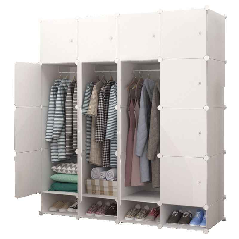 洁然 简易衣柜简约现代组装非布组合衣橱钢架塑料衣柜收纳 纯白衣柜16门3挂加鞋格
