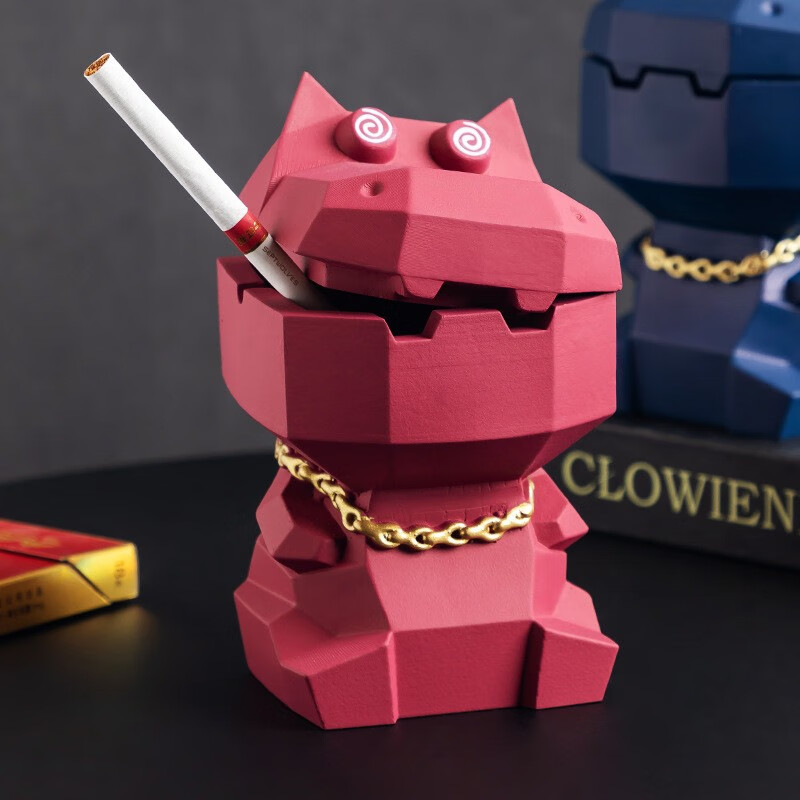 缸创意个性防飞灰带盖烟灰缸家用办公室轻奢卡通装饰摆件 粉色-河马